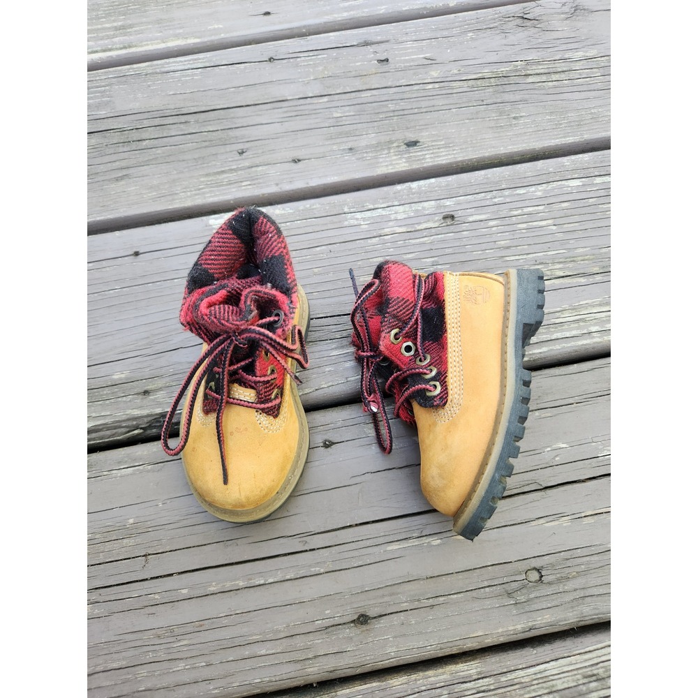 Timberland Boots Wheat Red Black Buffalo Plaid Fold Over Work Toddler Size 4